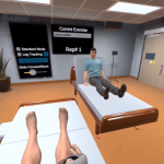 In clinical setting, user is sitting on a bed with legs extended and one hand in frame. An avatar sits on a bed across from the user. Text in two boxes on screen reads: "Standard mode. Leg tracking. Slide forward/back. Current Exercise. Pump ankles. Rep# 1."