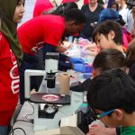 University students and kids on both sides of a table with microscopes while some kids are looking through the microscopes and some university students are explaining or showing the science experiments to kids.