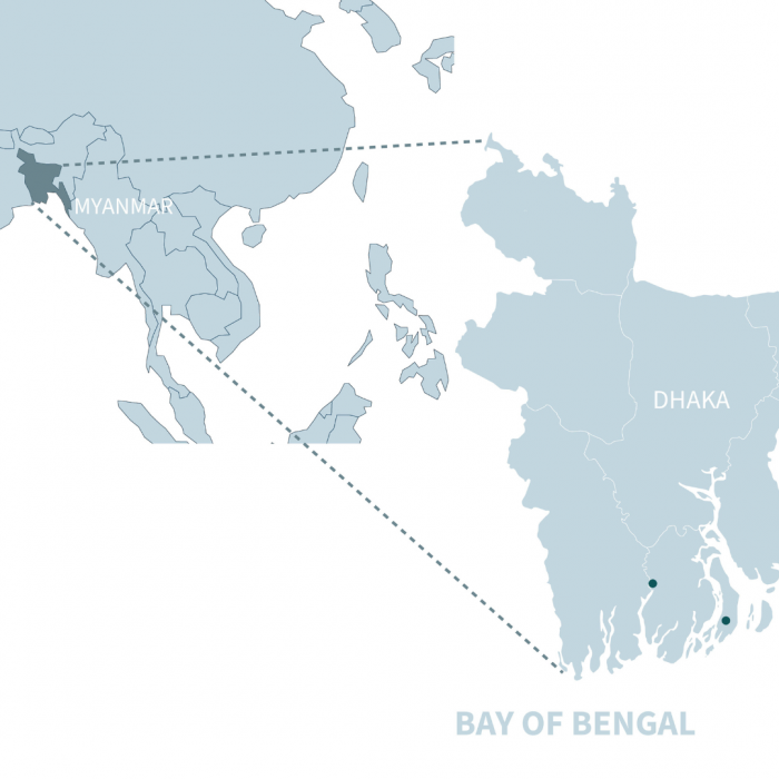 Graphic map of Dhaka and the Bay of Bengal.