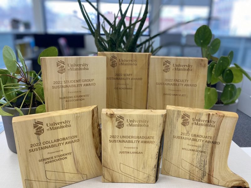 Reclaimed wood Sustainability Award plaques on display.