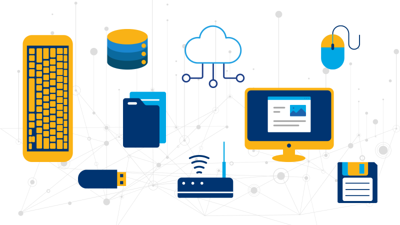 A collection of graphics of cloud computing, computer, laptop, mouse, servers, network router, USB drive, disk drive, database, documents.