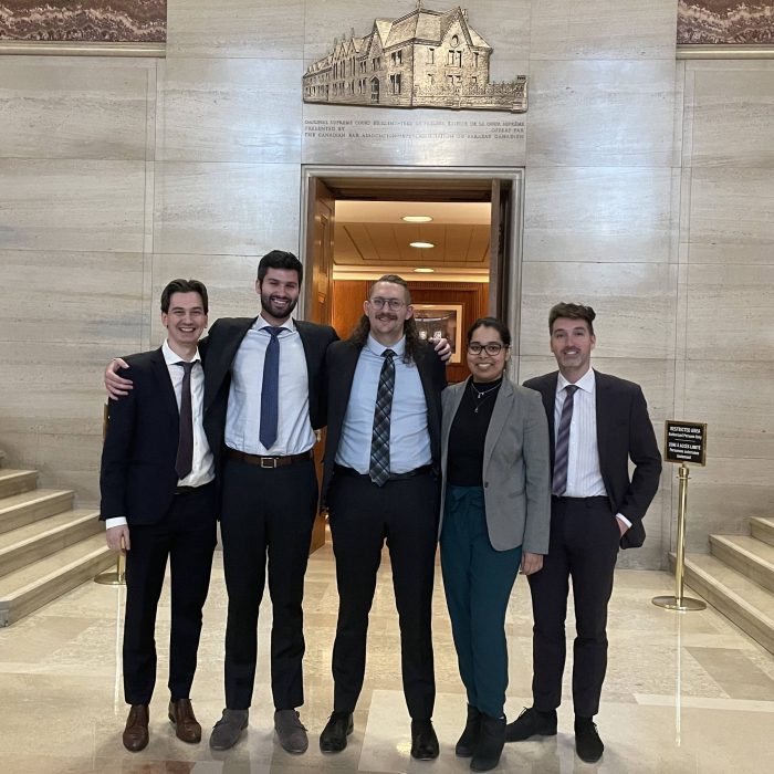 Stefan Leicht (2L), Liam Brown (2L), Eric Epp (3L), Sawarn Benning (3L) (researcher) and Brandon Leverick (3L) at the Supreme Court of Canada in Ottawa for the Jessup Moot, February 22 – 24.