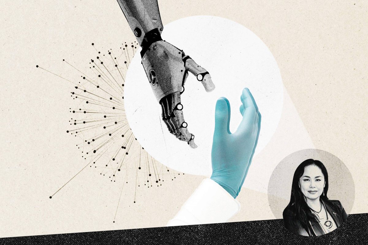 A collage-style illustration of a robotic hand reaching for the gloved hand of a medical professional, with a black and white photo nearby of Dr. Denise Koh