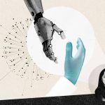 A collage-style illustration of a robotic hand reaching for the gloved hand of a medical professional, with a black and white photo nearby of Dr. Denise Koh