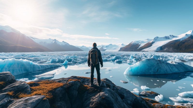 A person is standing on land looking at the sun against an Arctic environment that is melting.