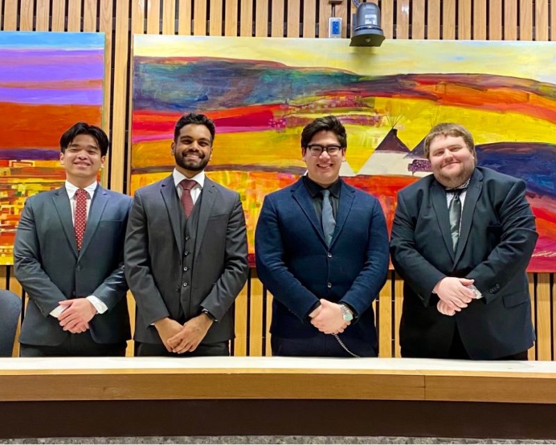 Winners and runner-up teams from the Robson Hall Mini Moot 2024: left to right: runners-up Ken Vong and Sameer Harris. Winners: Sebastien Meiers and Riley O’Hara