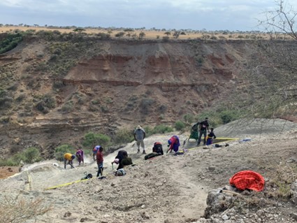 A team of people are excavating at the edge of the gorge.