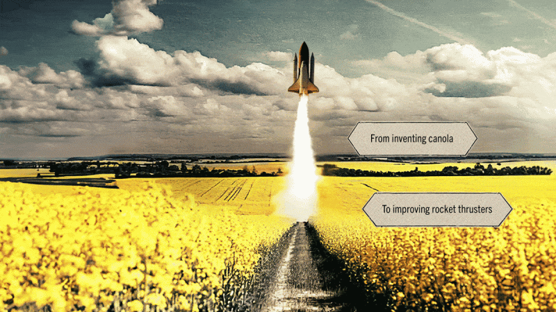 A rocket shoots into the air from a canola field with the phrase written From inventing canola to improving the rocket thruster