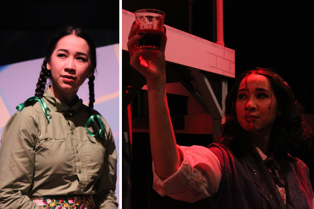 Female actress on stage in a split photo. One side wearing braids with green satin ribbons, a khakhi button up shirt and flowered apron. The second side she is a ghost covered in blood and holding a cup of what appears to be more blood high above her head.