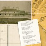 A collage of historic documents, photos, and maps from the 1880s.