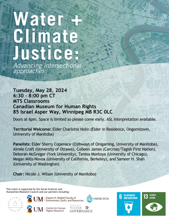A poster for the Water + Climate Justice Event with details about time, location, and panelists.