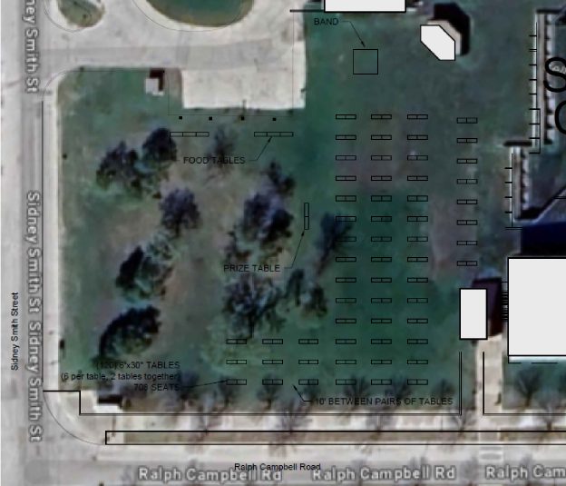 An over head view of St. Paul's Green Space at Fort Garry campus with mapped out locations for Campus Beautification Day festivities.