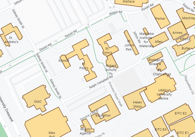 A map of Fort Garry campus showing locations for gardening and the barbeque for Campus Beautification Day.