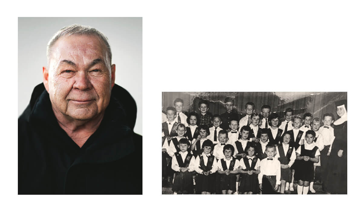 Brian Normand, of Métis/Michif descent, says his “spirit was broken” at St. Charles Day Residential School (back row, far right). He has since dedicated more than two decades to being a spiritual caregiver and Elder in Manitoba prisons // Photo of Normand by Mike Latschislaw; Class photo courtesy of <em>Grass Roots News</em>