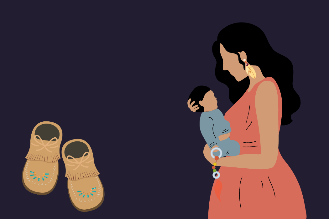 A drawing that shows a child's pair of moccasins and an Indigenous mother cradling a baby.