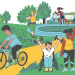 Illustration of diverse people exercising outdoors
