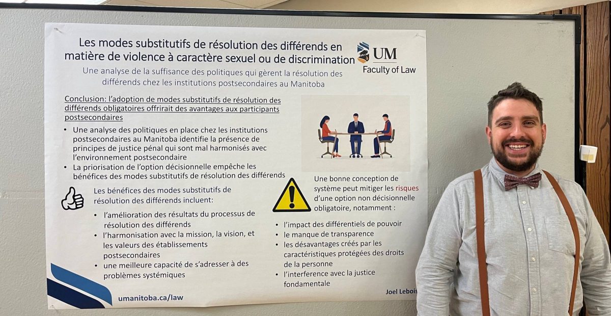 LLM 2024 graduate Joel Lebois, stands proudly beside a research poster of his Master's thesis topic, which he wrote entirely in French.