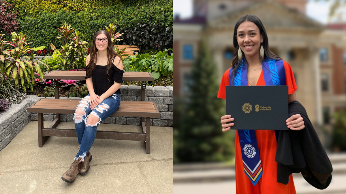 Left side of photo: Cassidy Copple sitting on a bench surrounded by greenery. Right side of photo: Mamie Kroeker-Tom stands in front of the UM administration building holding a diploma and smiling
