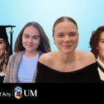 Headshots of four students layered over each other. The first is in graduation cap and gown, the second is in a blazer and tshirt, the third is in a black sweater, and the fourth is in a graduation gown.