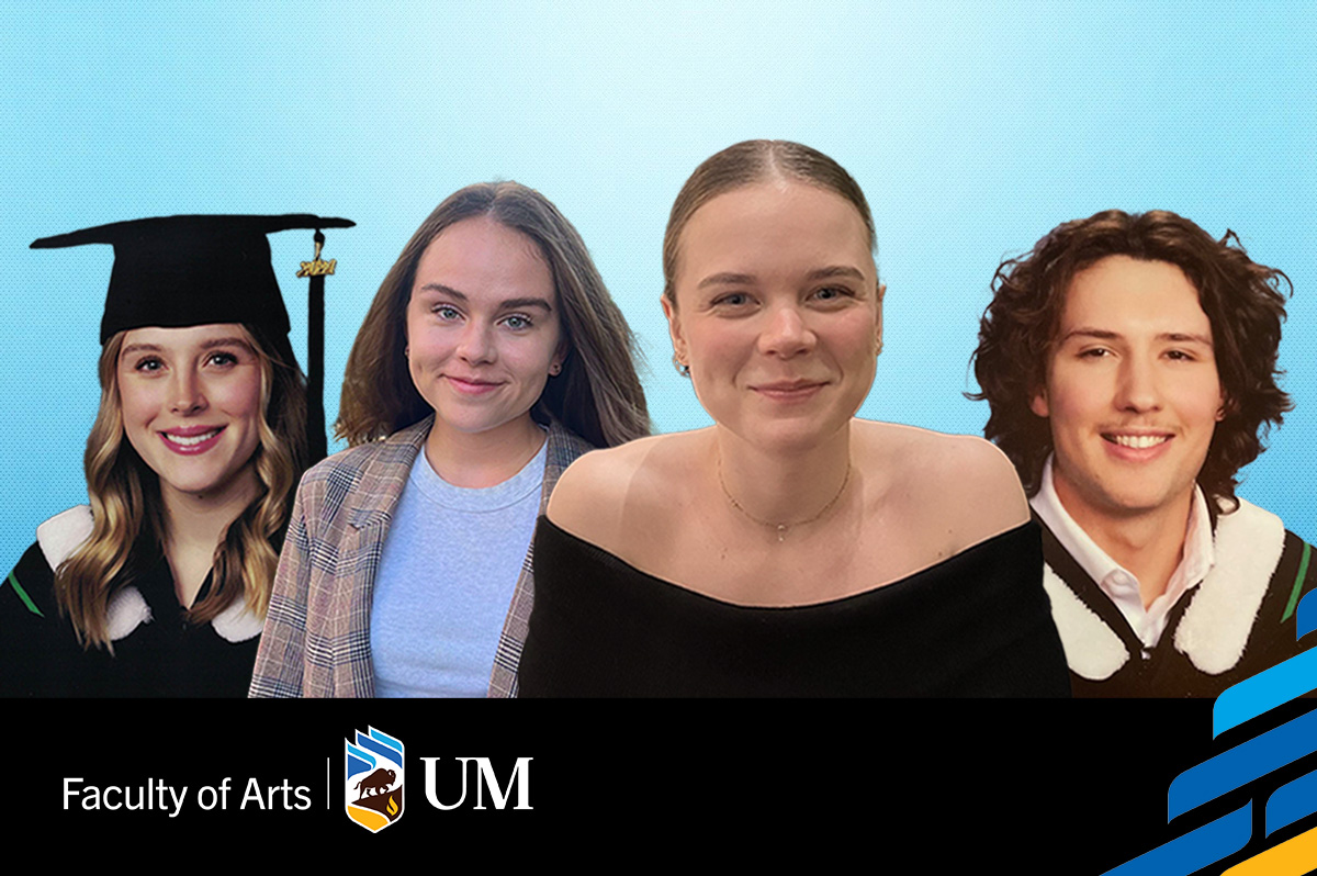 Headshots of four students layered over each other. The first is in graduation cap and gown, the second is in a blazer and tshirt, the third is in a black sweater, and the fourth is in a graduation gown.