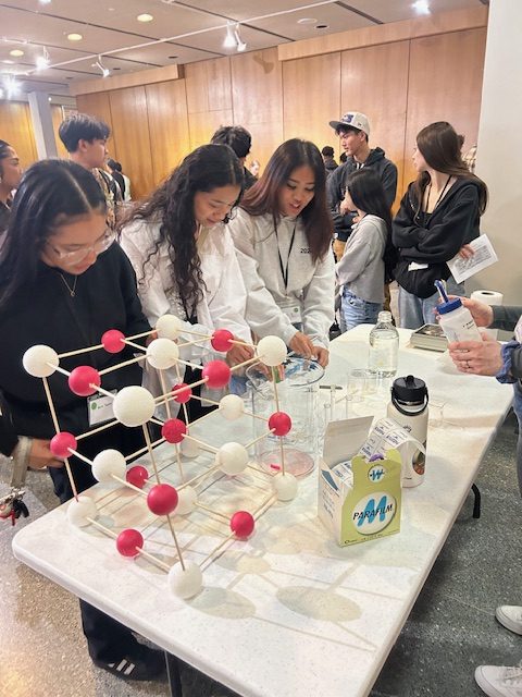 Students interacting with chemistry concepts such as molecules modelled with small balls and wooden rods.