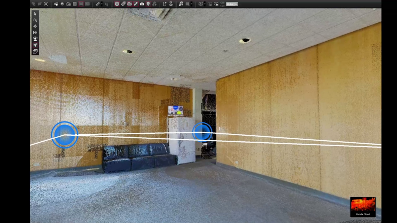 3D scan of John A. Russell Lounge; Blue orbs denote locations of previously captured scans.