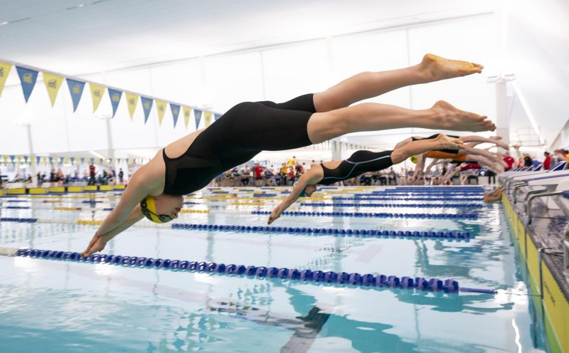 Kelsey Wog diving into the water at the start of a race