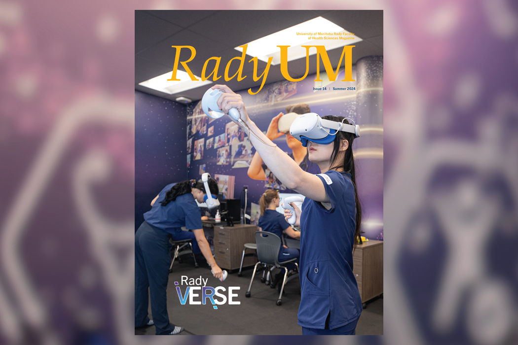 Cover of RadyUM magazine shows nursing students in a virtual reality lab.