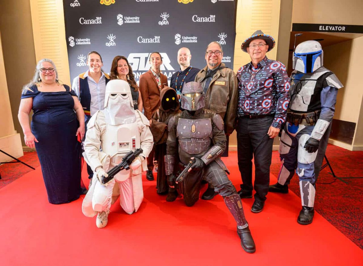 group picture including Star Wars characters for world premiere of Star Wars-Ojibwe version at Winnipeg Centennial Concert Hall on Aug. 8, 2024