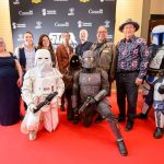 group picture including Star Wars characters for world premiere of Star Wars-Ojibwe version at Winnipeg Centennial Concert Hall on Aug. 8, 2024