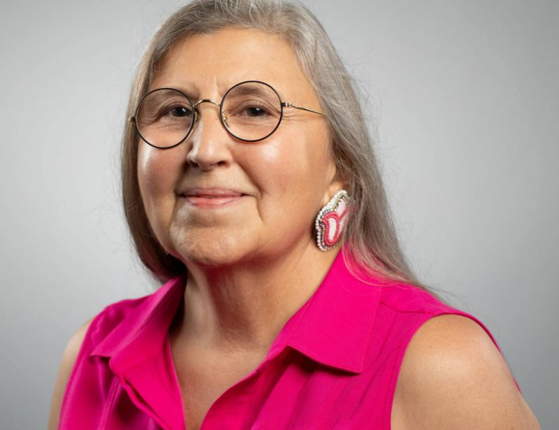 Headshot photo of Pahan PteSanWin. She is wearing glasses, facing the camera and smiling. She has long silver hair and is wearing a pink shirt, set against a grey background.