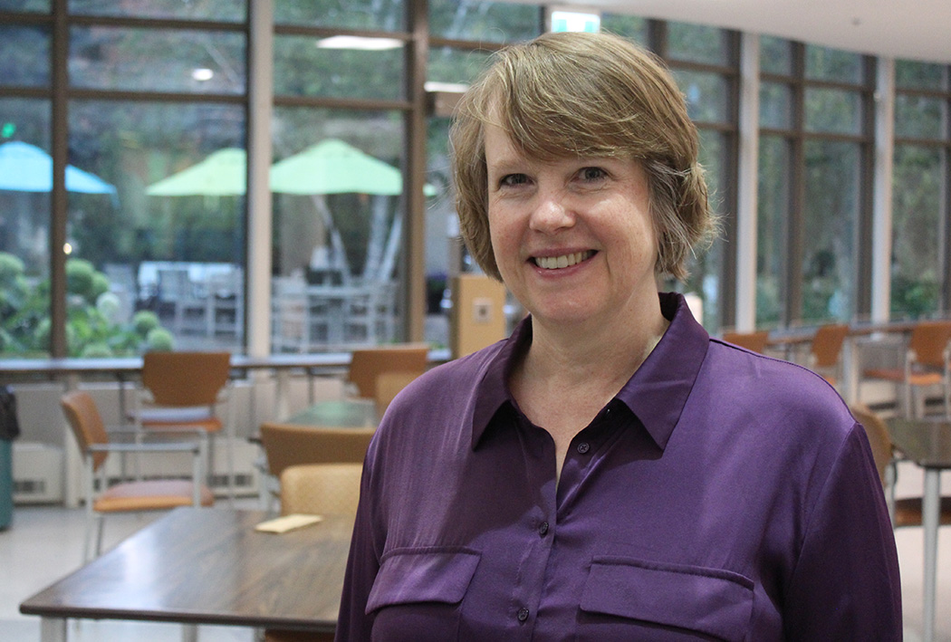 Ruth Barclay stands inside the atrium at Riverview Health Centre.