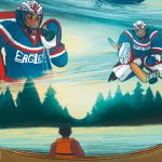 A drawn image of a person in a canoe on a lake, with dream-like images of a hockey goalie in the sky.