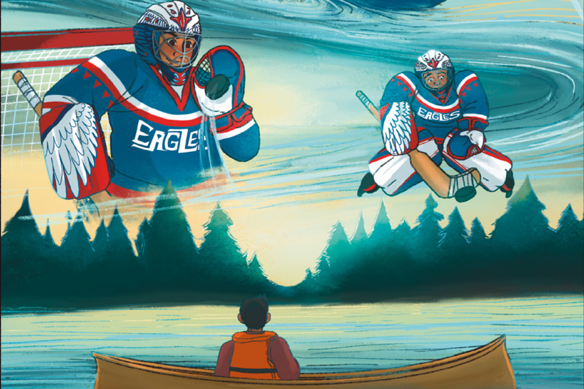 A drawn image of a person in a canoe on a lake, with dream-like images of a hockey goalie in the sky.