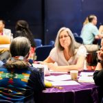 Four people sit around a round table.