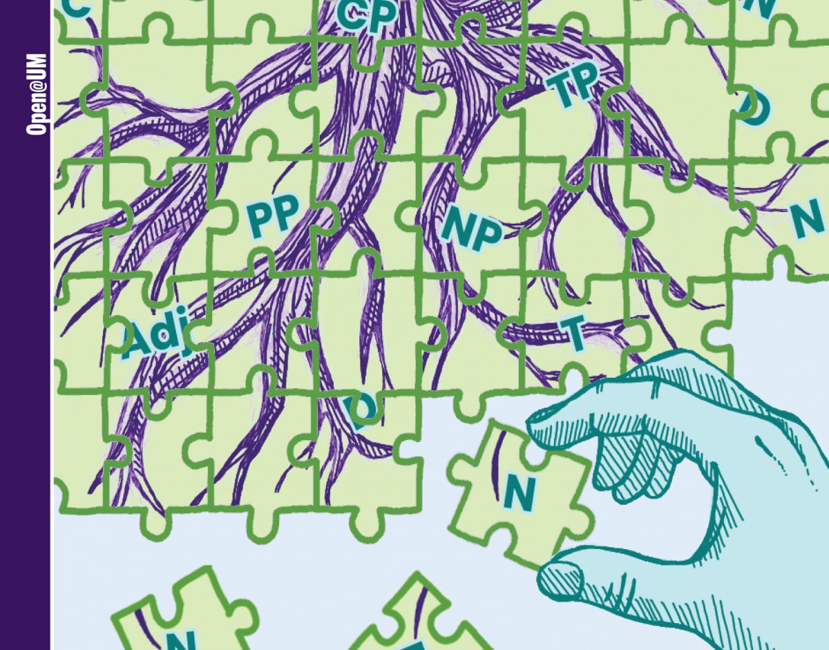 Cover page graphic of linguistics textbook showing pieces of a puzzle containing tree roots and words.