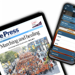 An image shows the two Free Press apps, the E-edition and the NewsBreak app on an iPad and phone.