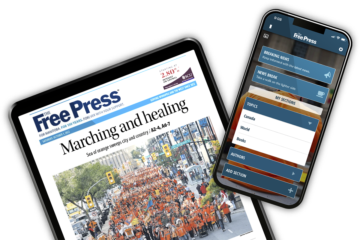 An image shows the two Free Press apps, the E-edition and the NewsBreak app on an iPad and phone.