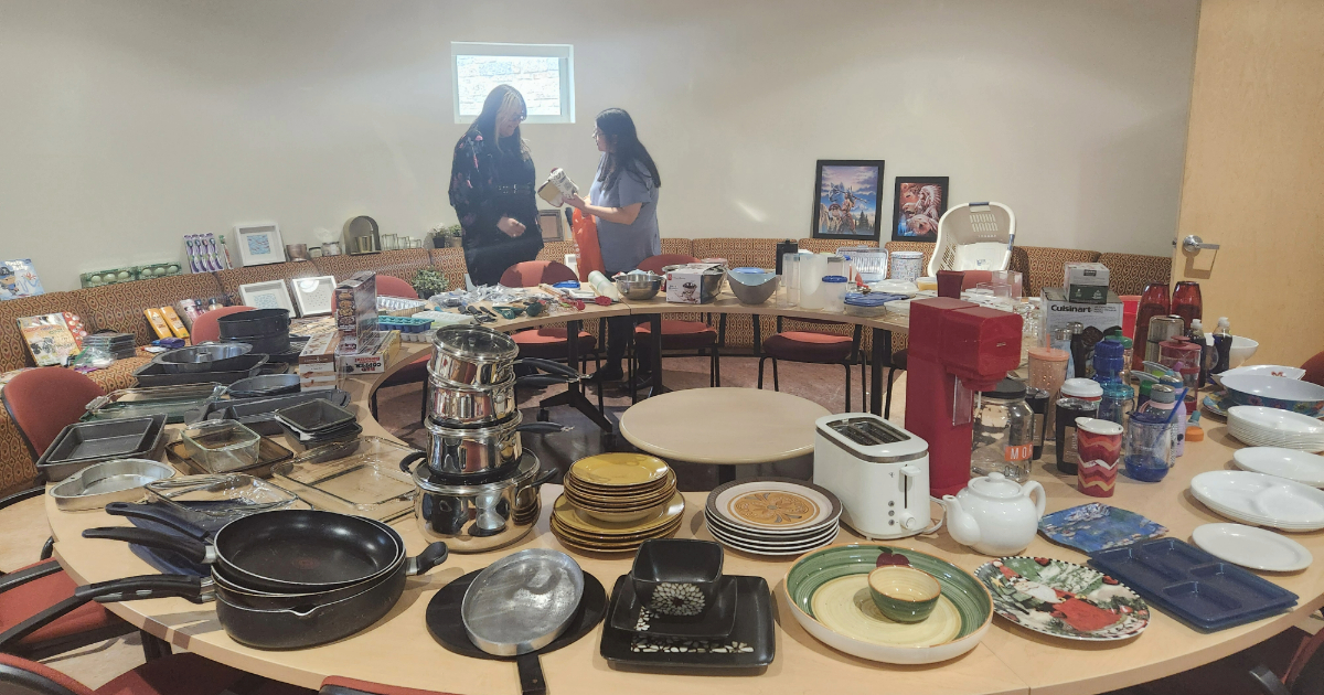 Various household items displayed on a circular table.