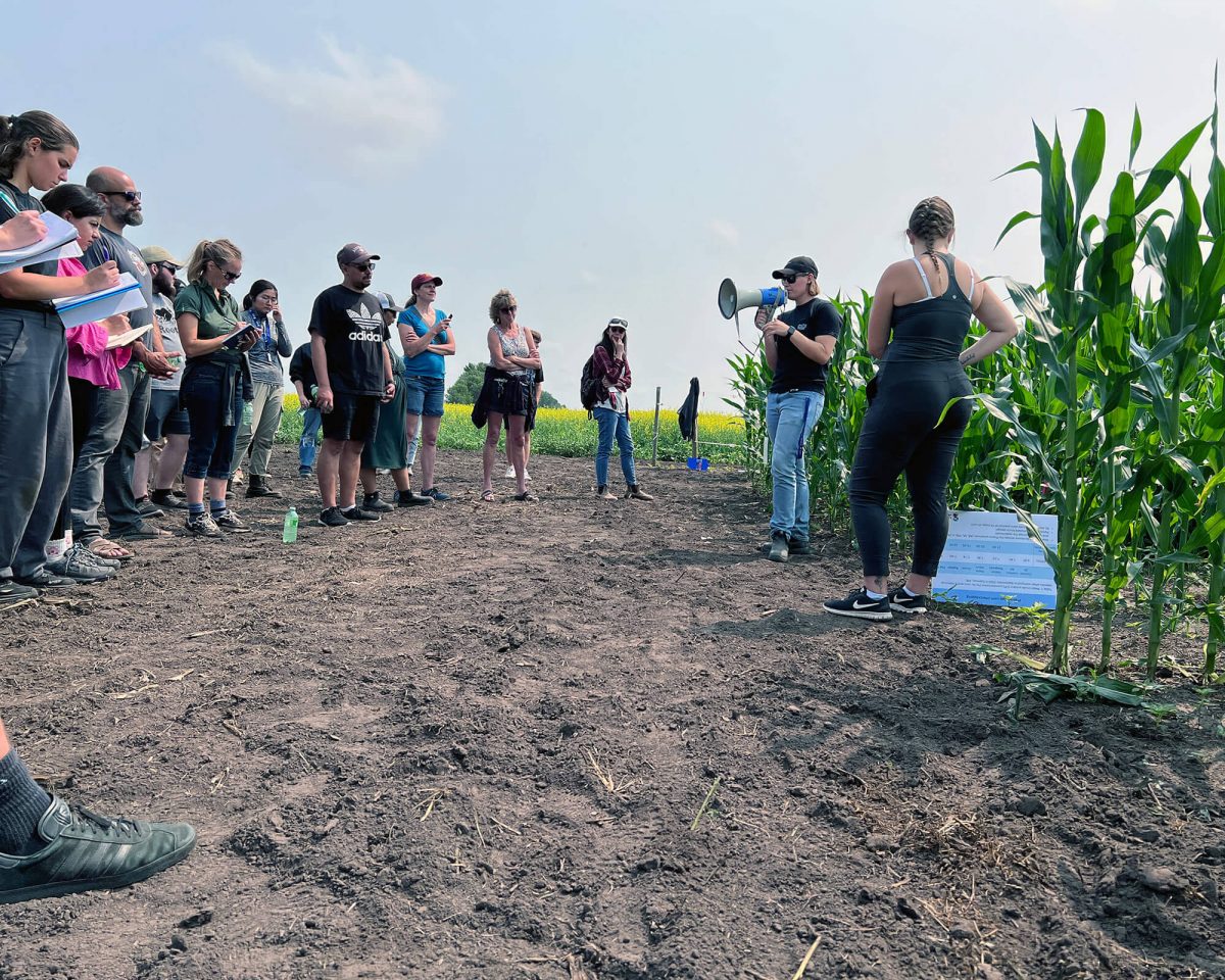 People listen to a lecture in front of planted field