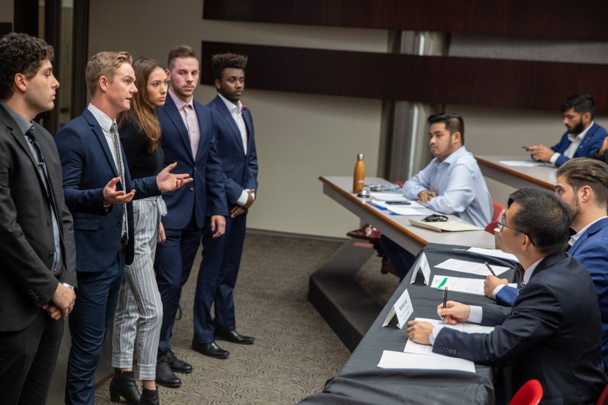 Undergraduate students pitch to judges in the ENTR Pitch Competition at the Asper School of Business.