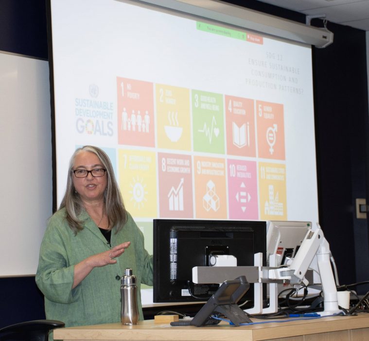 Sara Seck gestures at her power point presentation on the screen behind her while lecturing on business and human rights law in Canada.