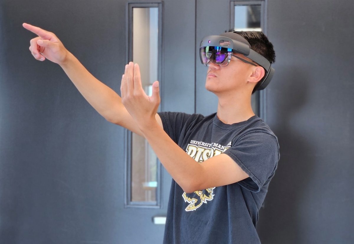 A person wearing an augmented reality headset