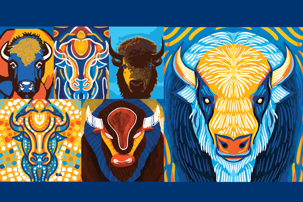 A graphic depicting 6 colourful, decorative bison heads.