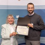 Muriel St. John presented Chad Laferriere-Enns [JD/2024] with her award at The Faculty of Law’s Student Achievement Awards Reception on October 29, 2024. Photo by Dan Gwodz.