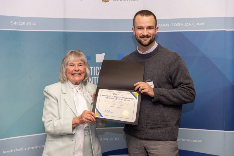 Muriel St. John presented Chad Laferriere-Enns [JD/2024] with her award at The Faculty of Law’s Student Achievement Awards Reception on October 29, 2024. Photo by Dan Gwodz.