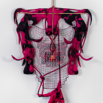 Textile sculpture made with discharged dye, reactive dye, cotton, sublimation dye, mercerized cotton yarn, fiberfill, cotton piping cord, aluminum wire, and bamboo, arranged in an abstract, organic form. Image courtesy of the artist.