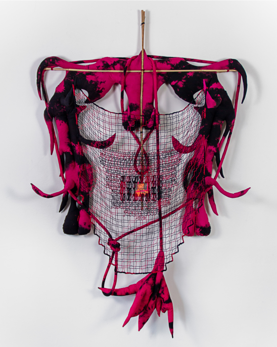 Textile sculpture made with discharged dye, reactive dye, cotton, sublimation dye, mercerized cotton yarn, fiberfill, cotton piping cord, aluminum wire, and bamboo, arranged in an abstract, organic form. Image courtesy of the artist.