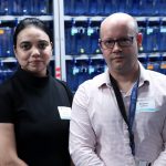 Doctors Devi Atukorallaya and Benjamin Lindsey in the Rady Biomedical Fish Facility at the Rady Faculty of Health Sciences.