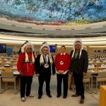 Left to right: Chief Wayne Desjarlais (Ebb and Flow First Nation), Grand Chief Jerry Daniels [BA (Economics)/08] (Southern Chiefs' Organization Inc.), Tréchelle Bunn (2L) [BA/23], and Chief Kurvis Anderson (Pinaymootang First Nation).